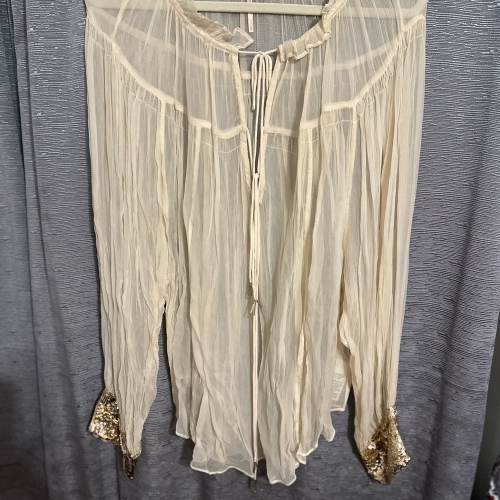 Free People Cream Blouse with Puff Sleeves and Tie Front